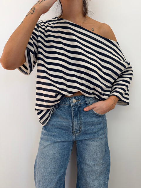T-shirt à rayures asymétrique - bleu