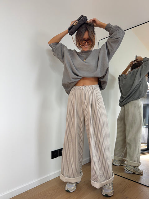 Pantalon rayé - beige et gris