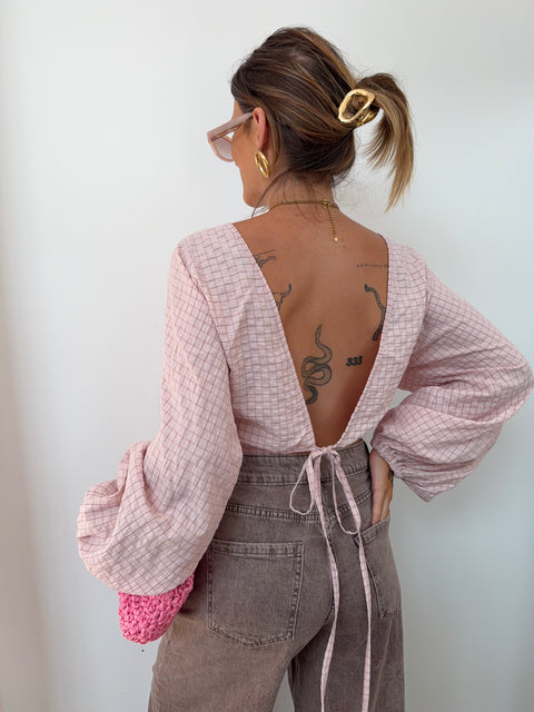 Top dos nu à carreaux - rose