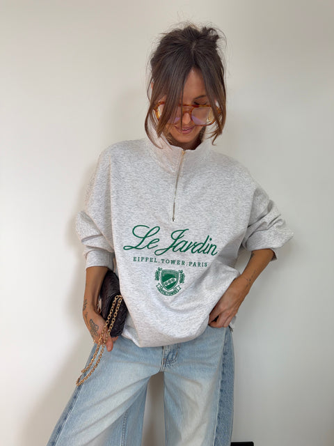 Sweat à zip col montant - gris chiné