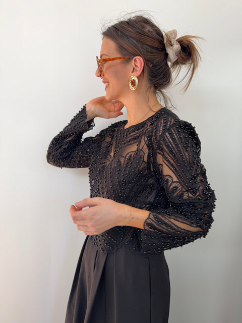 Haut dentelle et perles - noir