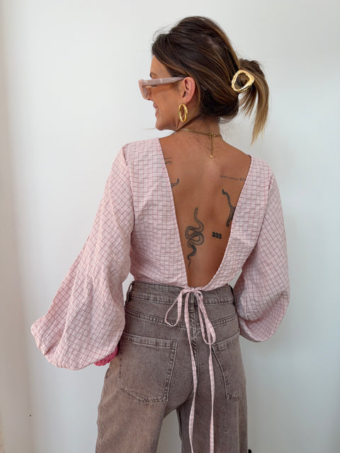 Top dos nu à carreaux - rose