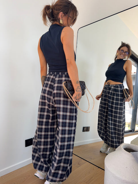 Pantalon ballon à carreaux - bleu