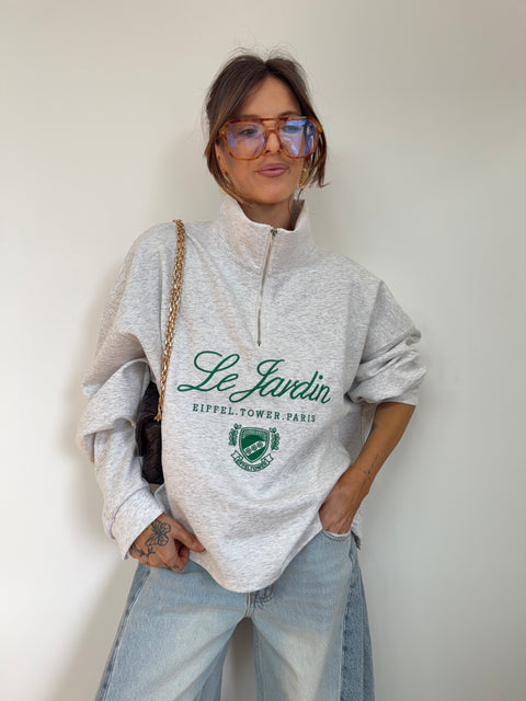 Sweat à zip col montant - gris chiné