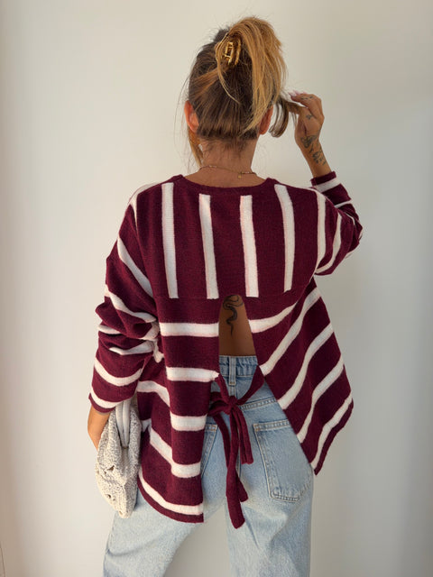 Pull rayé avec noeud - bordeaux