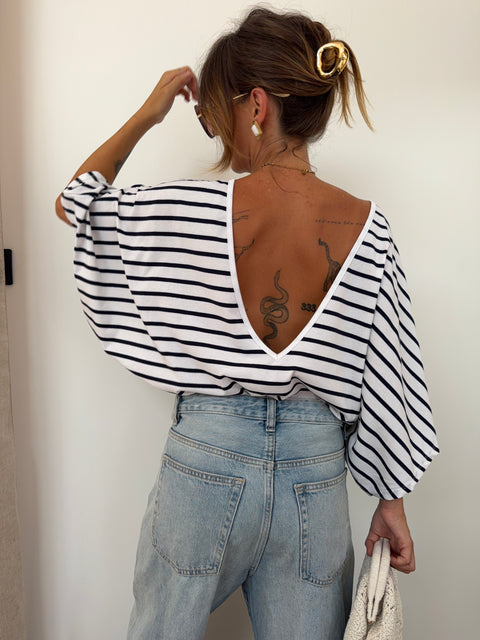 T-shirt dos nu V - blanc rayé bleu