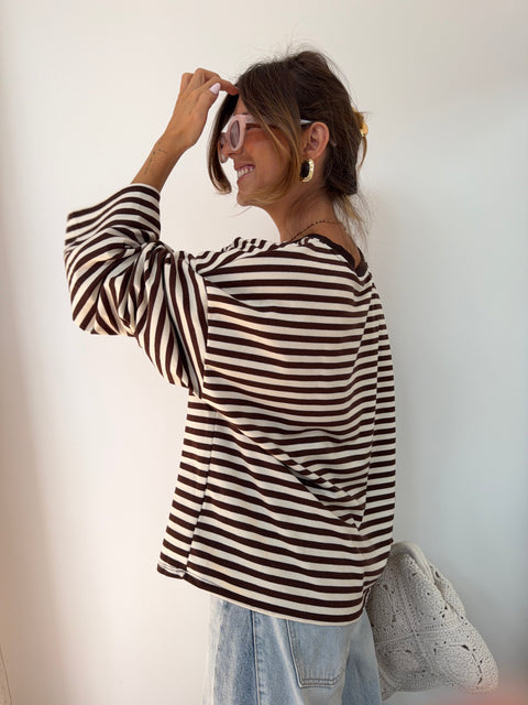 T-shirt manches longues rayé - chocolat et beige