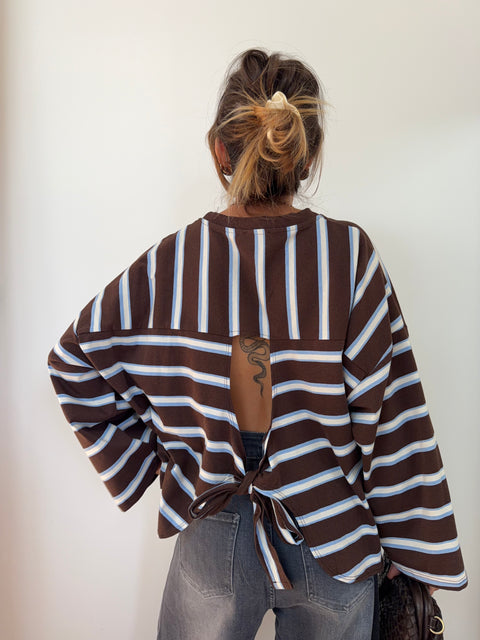 T-shirt manches longue avec noeud rayé - chocolat
