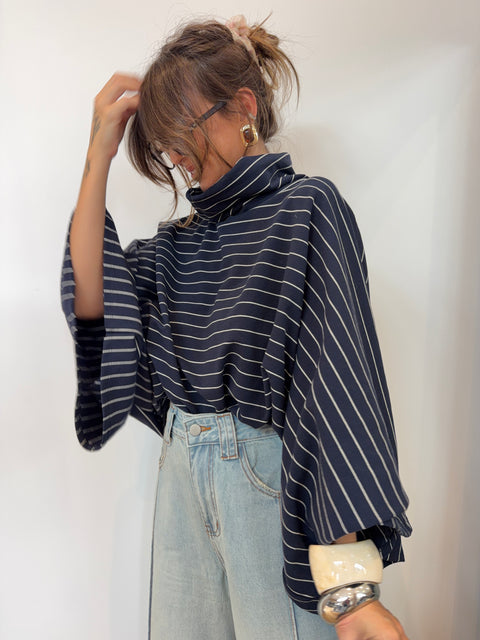 Sweat col montant  - bleu marine & blanc