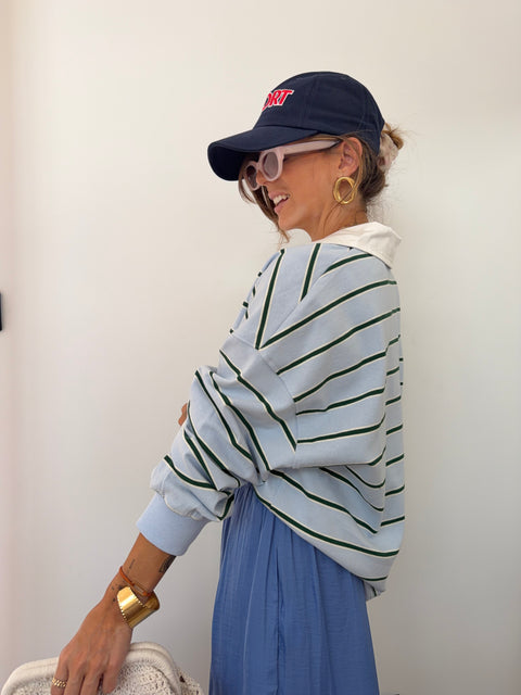 Sweat polo rayé - bleu et vert