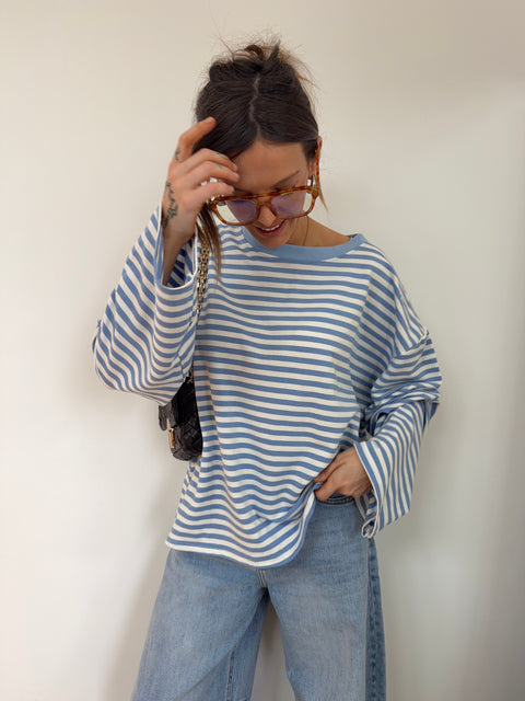 T-shirt manches longues rayé - baby blue