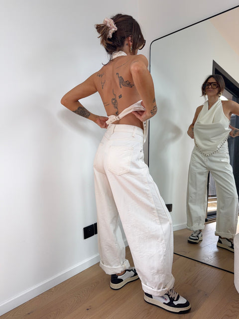 Jeans à détails fleuris beige