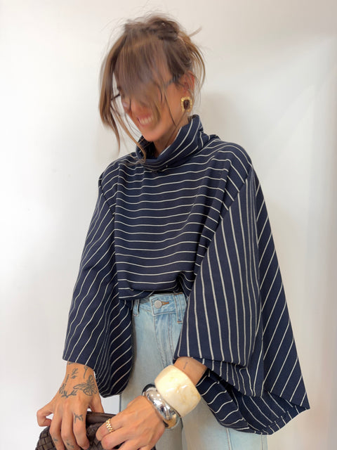 Sweat col montant  - bleu marine & blanc