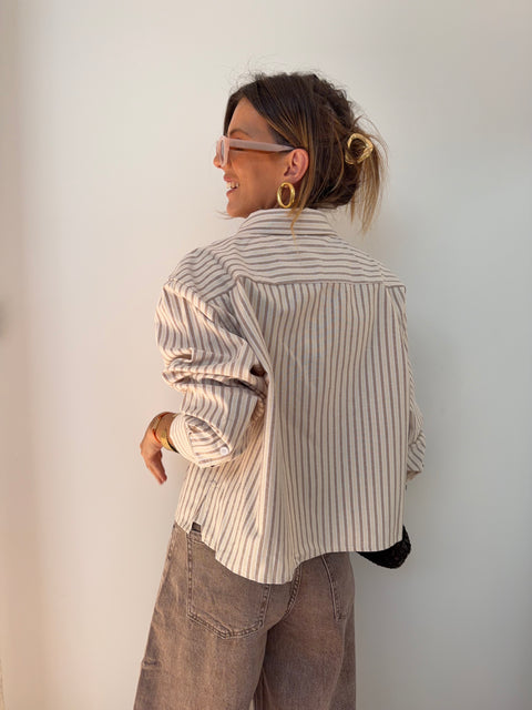 Chemise courte rayée - beige