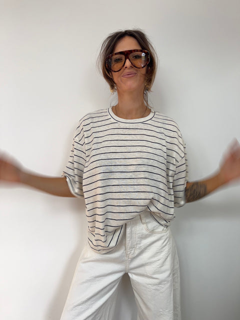 T-shirt à rayures - beige et bleu