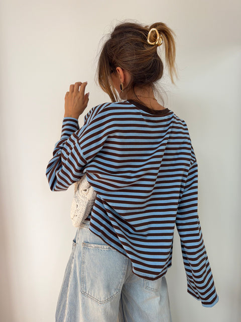 T-shirt manches longues rayé - chocolat et bleu