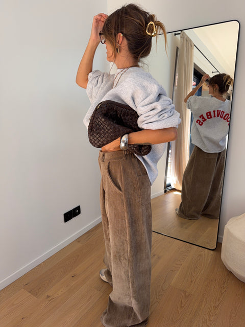 Pantalon large effet velours - taupe