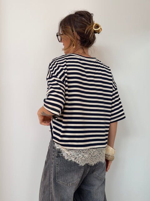 T-shirt rayé dentelle - marine