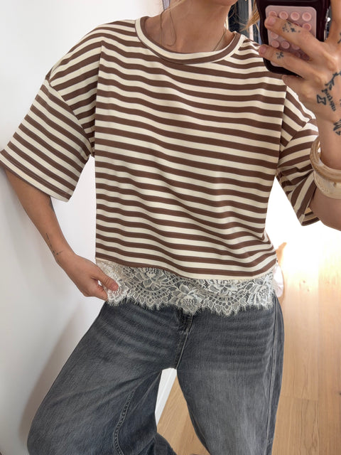 T-shirt rayé dentelle - camel