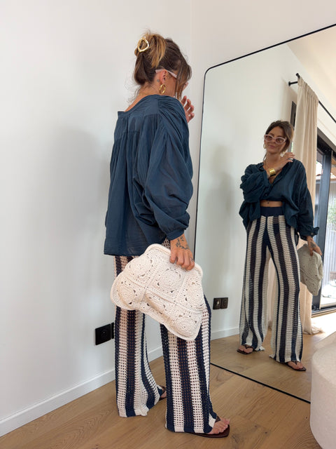 Pantalon en crochet rayé - bleu