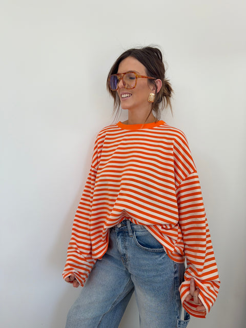 T-shirt rayé manches longues - orange