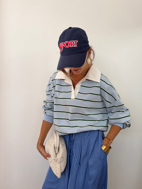 Sweat polo rayé - bleu et vert