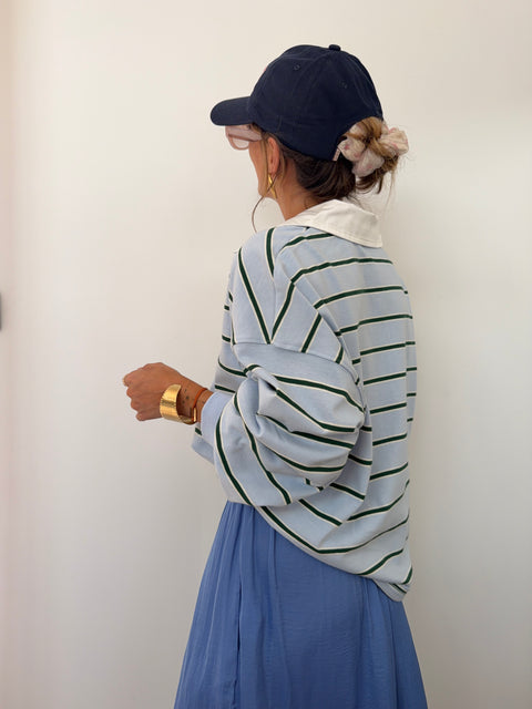 Sweat polo rayé - bleu et vert