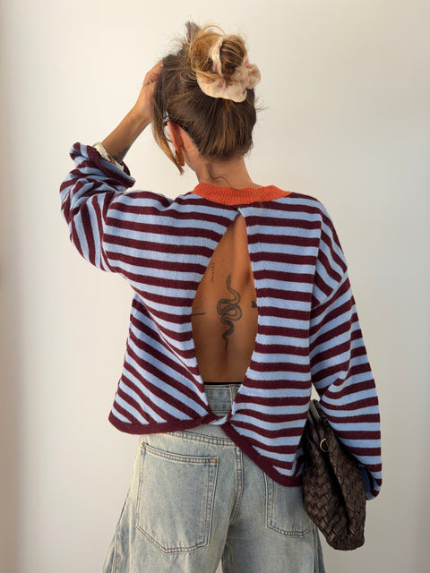 Pull dos nu rayé - bleu & bordeaux