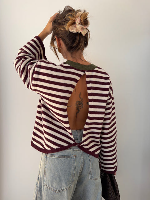 Pull dos nu rayé - blanc & bordeaux