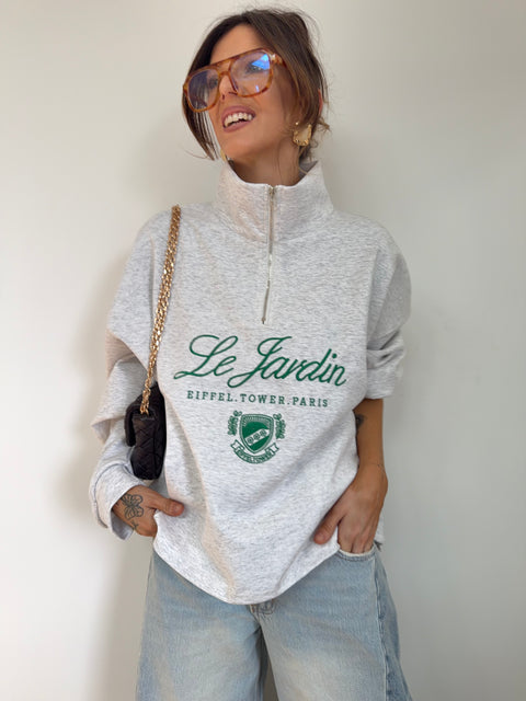 Sweat à zip col montant - gris chiné