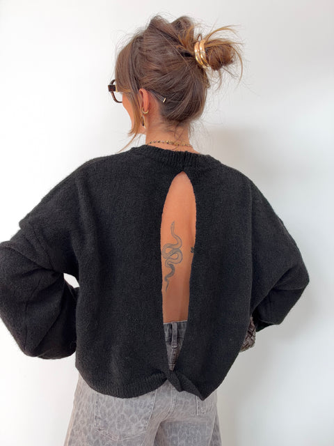 Pull manches longues dos nu - noir