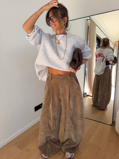Pantalon large effet velours - taupe