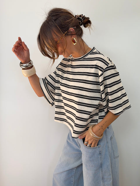 T-shirt à rayures - beige et noir
