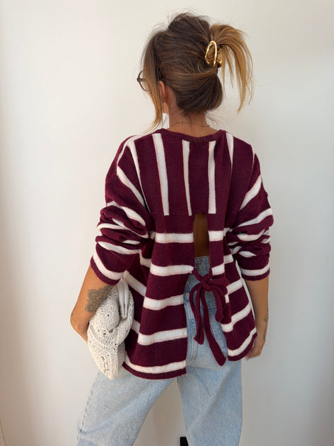 Pull rayé avec noeud - bordeaux