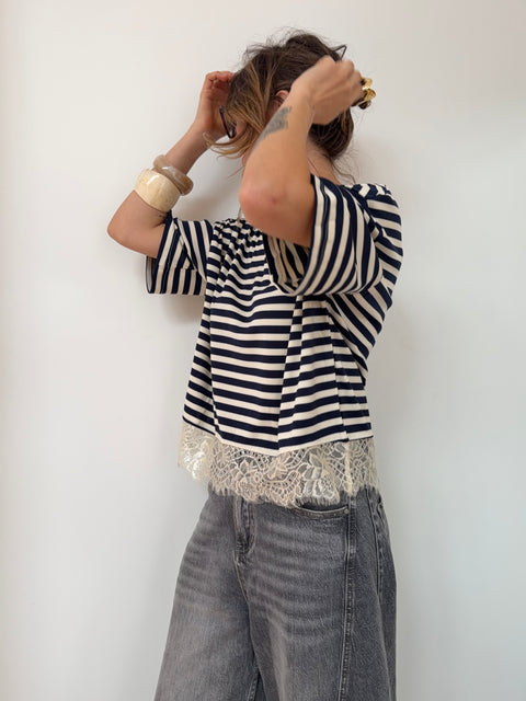 T-shirt rayé dentelle - marine