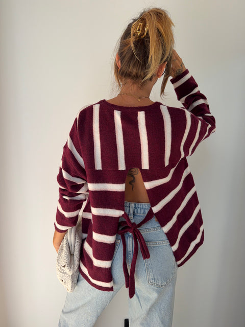Pull rayé avec noeud - bordeaux