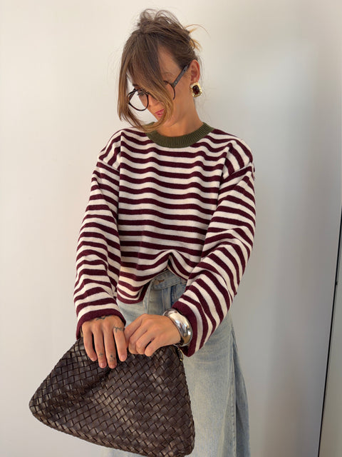 Pull dos nu rayé - blanc & bordeaux