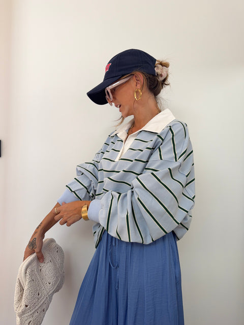 Sweat polo rayé - bleu et vert