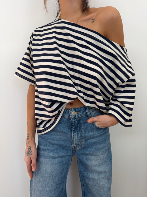 T-shirt à rayures asymétrique - bleu