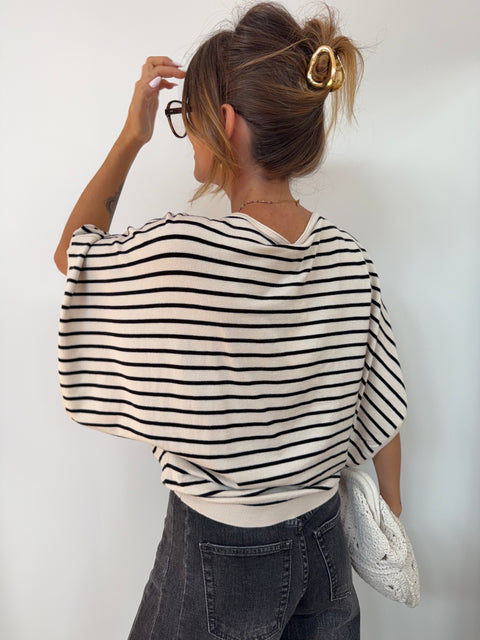 Pull léger rayé manches papillon - beige et noir