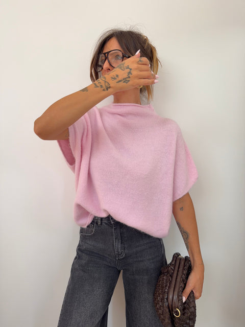 Pull col montant sans manche - rose