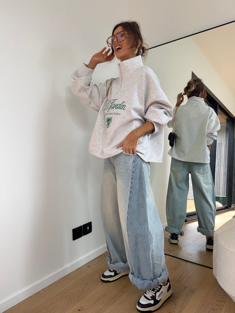 Sweat à zip col montant - gris chiné