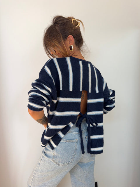 Pull rayé avec noeud - bleu