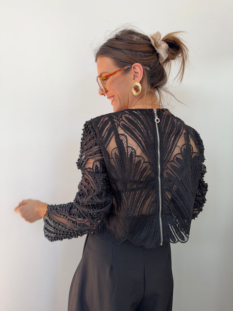 Haut dentelle et perles - noir