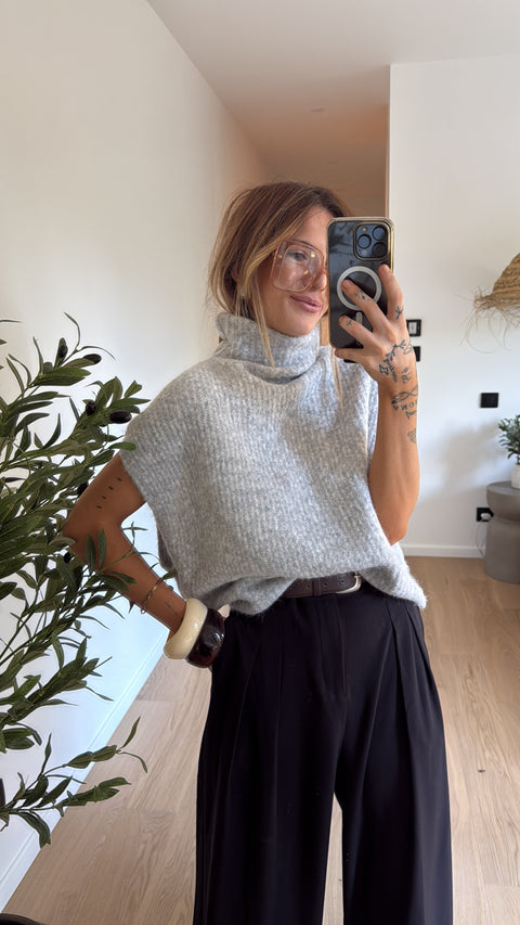 Pull col roulé - gris chiné