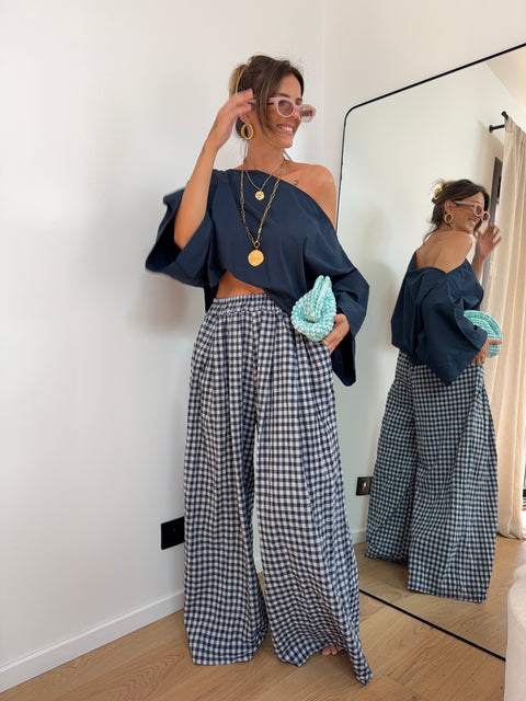 Pantalon large à carreaux - bleu marine