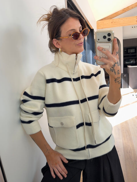 Veste marinière à zip - beige et marine