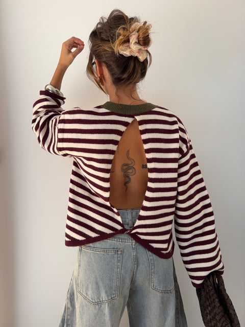 Pull dos nu rayé - blanc & bordeaux