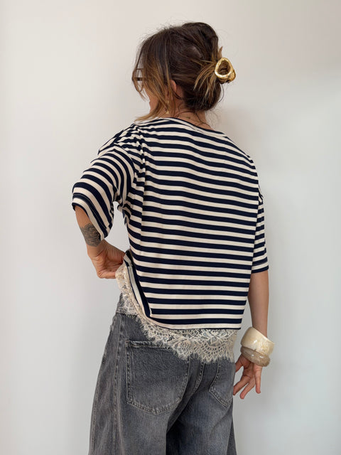 T-shirt rayé dentelle - marine