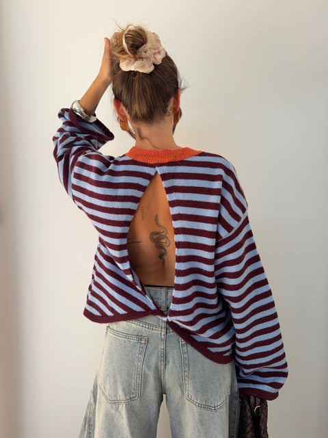 Pull dos nu rayé - bleu & bordeaux
